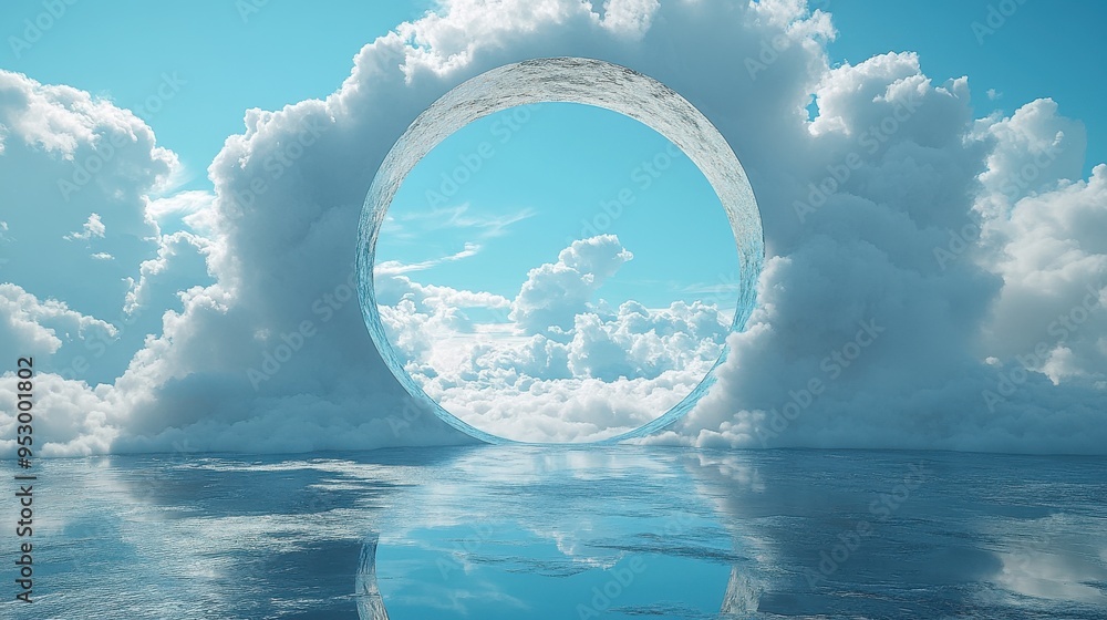 Aufkleber 3d render of an abstract panoramic background with rounded metallic mirrors and white clouds in the 