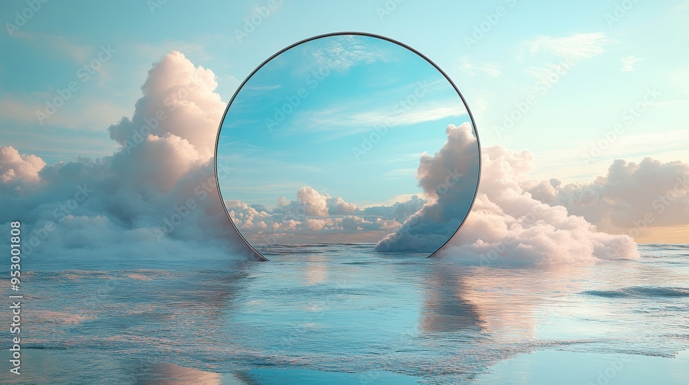 Aufkleber 3d render of an abstract panoramic background with rounded metallic mirrors and white clouds in the 