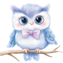 Obraz premium A cute blue owl with a purple bow tie is perched on a branch. The owl's eyes are bright and curious, and the bow tie adds a playful touch to the scene