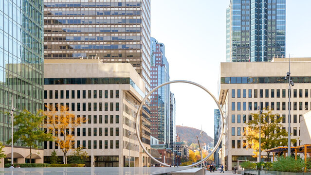 The Ring art piece in downtown Montreal. Big steel circle structure at the main entrance to Esplanade of Place Ville Marie. Montreal QC Canada 10.22.2022