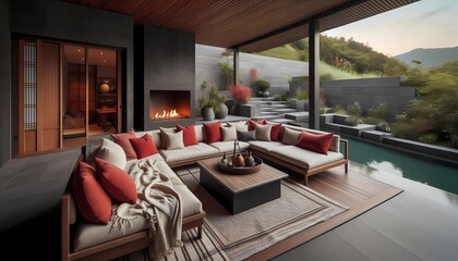modern living room, den terrace Wooden coffee table near a rustic sofa with red cushion and gray and beige pillows against a black stucco wall. Japanese modern terrace interior A.I