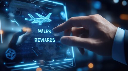 A hand interacts with a digital interface displaying "Miles Rewards" and an airplane graphic.
