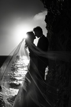 Romantic Prewedding Couple Silhouette by the Ocean at Sunset with Flowing Veil and Dramatic Lighting