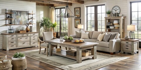 modern farmhouse furniture collection Ashley style blend rustic elements sleek modern lines white washed wood grey tone