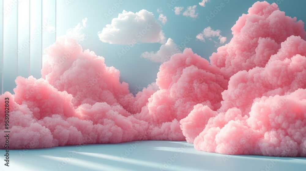 Poster abstract peachy background with blue geometric shapes and white clouds in a modern minimal 3d render