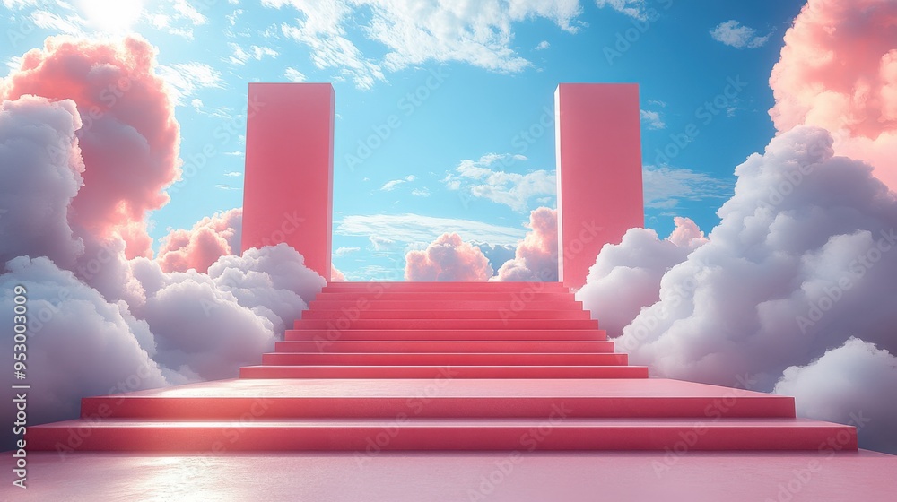 Poster abstract peachy background with blue geometric shapes and white clouds in a modern minimal 3d render