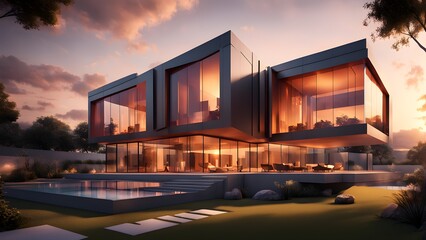 A large house with a pool and a large glass window