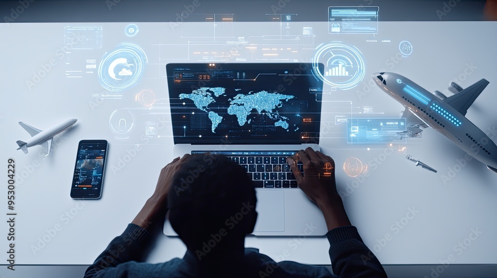 Poster a person using a laptop with digital maps and airplane graphics for travel or logistics.