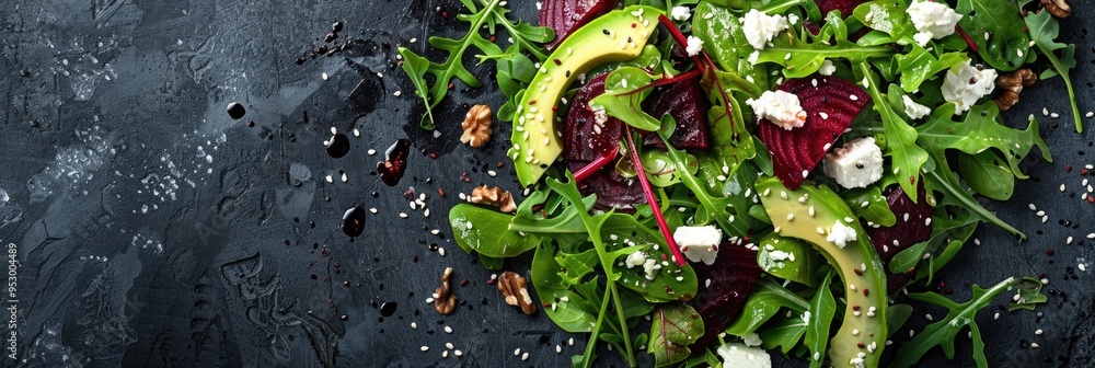 Sticker vibrant salad featuring leafy greens, beetroot, avocado, feta, walnuts, and sesame seeds