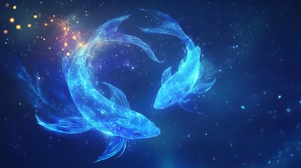Pisces constellation with soft aurora borealis, Fish shape in the sky, vibrant colors, serene and mystical mood