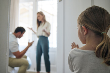 Child, parents and argument with fight in bedroom for disagreement, divorce or toxic relationship at home. Little girl or kid snooping or listening by door to mother and father in dispute or conflict