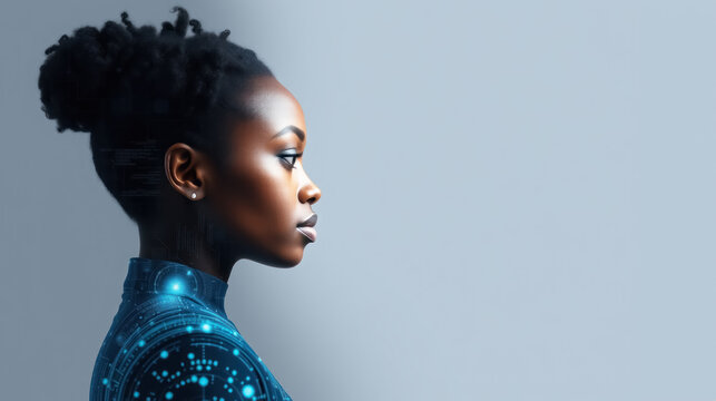 side profile portrait of a african american female with a tech pattern overlay, a diverse cyber security analyst of artificial intelligence and the future of ai in the inclusive workplace.