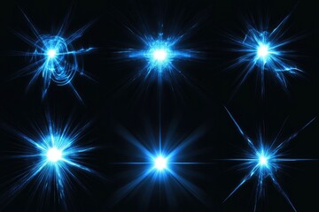 Fototapeta premium Lens flare, blue glow light effect on black. image of rays light effects, overlays or flare for design. screen blending mode. Set of abstract sun burst, flare, glare over black background , ai