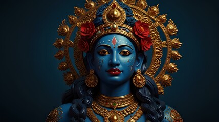 Indian Goddess Kali Maa on dark blue background. Goddess Durga Face.