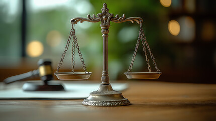 Balance of justice on the table, symbolizing fairness and legal authority

