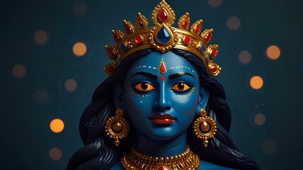 Indian Goddess Kali Maa on dark blue background. Goddess Durga Face.