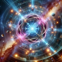 Obraz premium Close-up of an energy mechanism, represented with pastel-colored lights, with the Milky Way and some planets in the background, created with generative AI.
