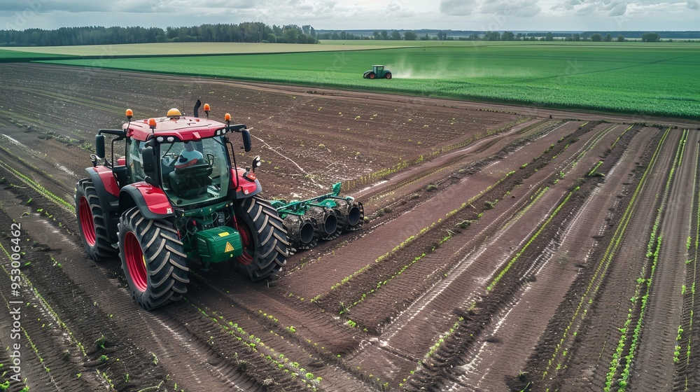 Poster smart tractors with gps navigation systems plowing and planting seeds in a large farm field