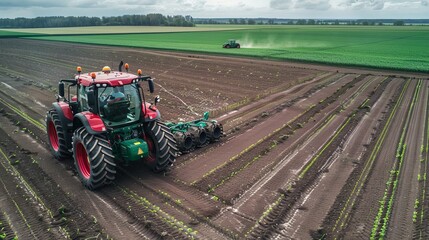 Fototapeta premium Smart tractors with GPS navigation systems plowing and planting seeds in a large farm field