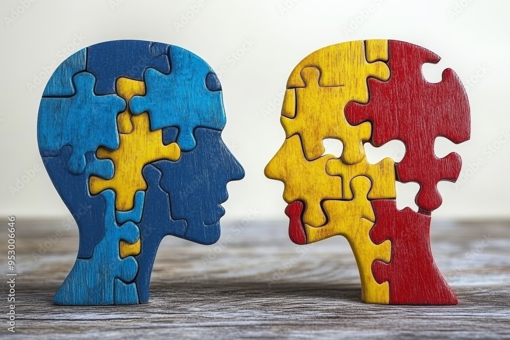 Poster wooden puzzle brain representing the challenge of cognitive processes and the complexity of mental h