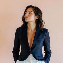 Confident woman in a blazer and white pants looking away.