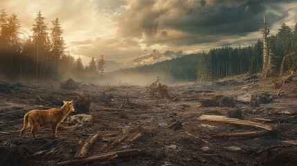 As trees are cleared, rare animals face their diminishing habitat in a once lush forest, highlighting the urgent issue of species extinction. Generative AI