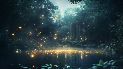 Glowing pond in a magical forest clearing with fireflies and ancient ruins at twilight Fairy tale-inspired with glowing elements soft mystical lighting and 3D-rendered enchanted flora