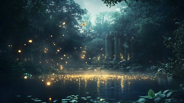 Glowing pond in a magical forest clearing with fireflies and ancient ruins at twilight Fairy tale-inspired with glowing elements soft mystical lighting and 3D-rendered enchanted flora