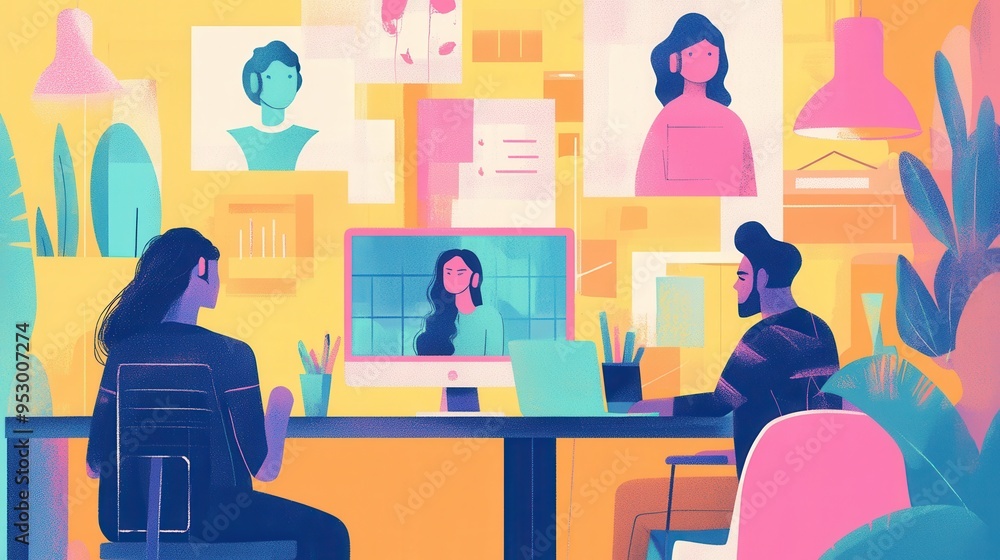 Poster A diverse group of people engages in an online meeting at a colorful workspace, surrounded by plants and inspiring visuals. Generative AI