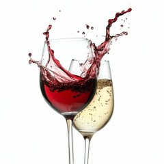 close up of red and white Wine splash in glass isolated on white background