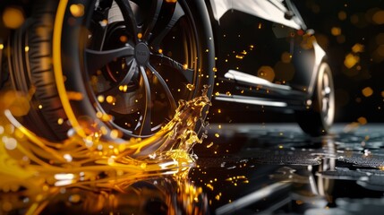 Bold promotional flyer showcasing a modern car wheel and disk on black background, complemented by engine oil splashes. Great for car tire advertisements with copy space.
