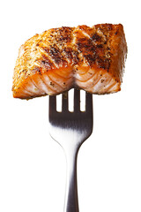 a grilled salmon fillet on a fork, isolated on a transparent background - a close up view of a perfect bite of a classic healthy seafood item