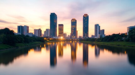 Naklejka premium stunning city skyline reflection in river at golden hour sunset with lush green trees