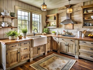 Fototapeta premium rustic farmhouse painted furniture distressed wood tones farmhouse style country charm warm beige shades vintage