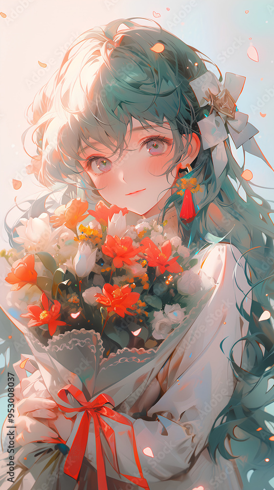 Sticker beautiful girl with colored hair holding flowers, anime style close up vertical background