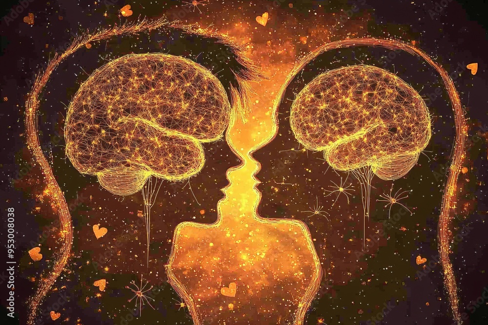 Poster abstract illustration of two brains facing each other symbolizing the interaction and exchange of id