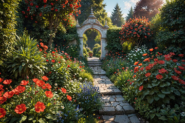 Obraz premium A paradise garden: a peaceful scene filled with flowers and sunlight, Generative AI 