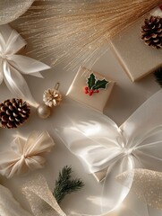 Flat Lay of Christmas Gift and Party Decorations: Bows, Ribbons, Pine Cones, Holly, Small Gift Boxes, Garland, and Glitter in Golden Colors. Artistic Composition with Professional Layout and Soft Stud