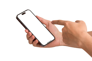 Hand using smartphone with blank screen isolated on white background. Concepts for business finance, Concept technology, Concept product advertising and Concept marketing. Image high quality for your 