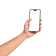 Hand showing smartphone with blank screen isolated on white background. Concepts for business finance, Concept technology, Concept product advertising and Concept marketing. Image high quality for you