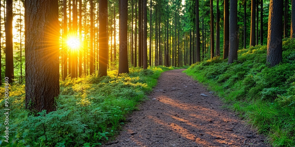 Poster sunlit forest path leading through tall trees at sunset with golden rays of light.