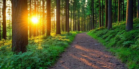 sunlit forest path leading through tall trees at sunset with golden rays of light.