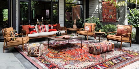 Explore the carefree charm of bohemian decor in this diverse outdoor seating area Rich fabrics ornate rugs and a blend of retro and contemporary furnishings form a vibrant and welcoming atmo