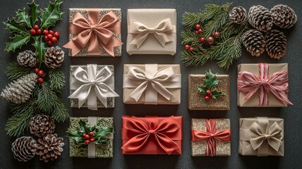 Flat Lay of Christmas Gift and Party Decorations: Bows, Ribbons, Pine Cones, Holly, Small Gift Boxes, Garland, and Glitter in Golden Colors. Artistic Composition with Professional Layout and Soft Stud