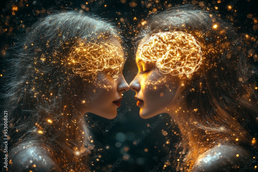 Poster ethereal golden light illuminating two faces symbolizing the connection between imagination and real