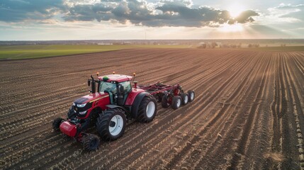Obraz premium Tractor equipped with GPS technology plowing a large agricultural field