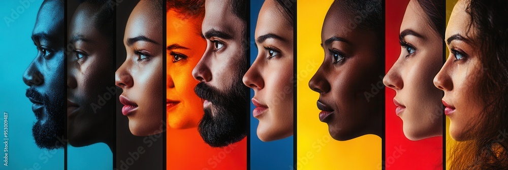 Poster brightly colored faces display diversity and contrast, emphasizing social divisions and the impact o