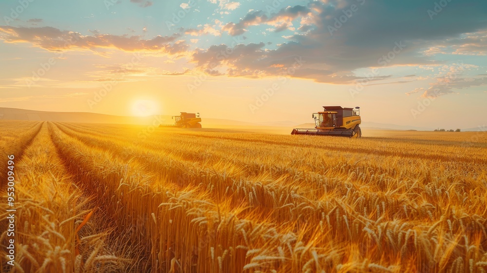 Poster automated harvesting machines working in a vast wheat field during sunset