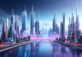 Obraz premium A futuristic cityscape with neon lights and holographic displays, perfect for a tech-inspired digital background