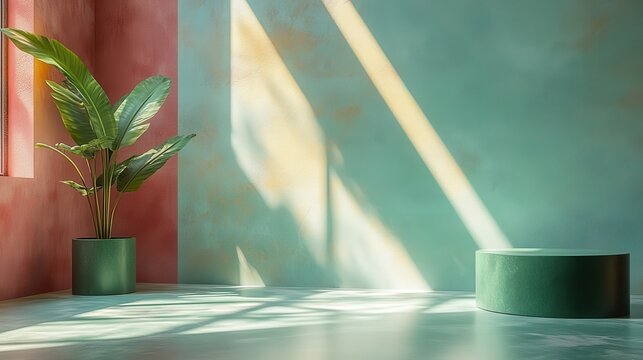 3D render of abstract terracotta background with empty green cylinder podiums for product presentation illuminated by sunlight rays